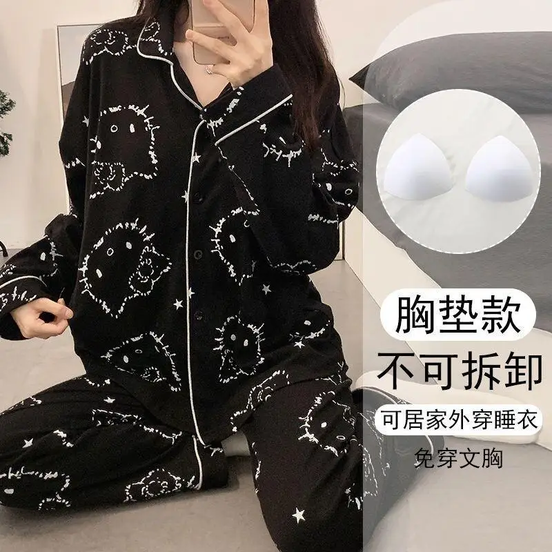 

Женский пижамный комплект Sanrio Hello Kitty, одежда для сна, весенне-осенняя хлопковая одежда с длинными рукавами для девочек-подростков, домашняя одежда, модная одежда в корейском стиле