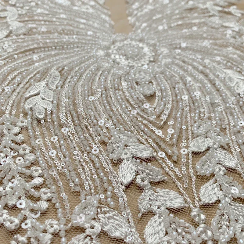 High Quality New Bridal Lace Fabric with Beaded Sequins, Advanced Customization, Wedding Dress, AB Set Front Chest, Back Flower