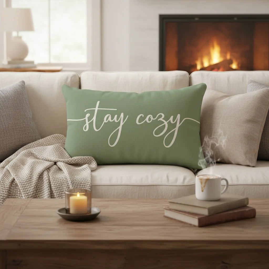 1pc Stay Cozy Sage Green Printed Pillow Cover,Suitable for Sofa, Bedroom, Living Room, Study,Healing Gift for Home Decor Lovers.