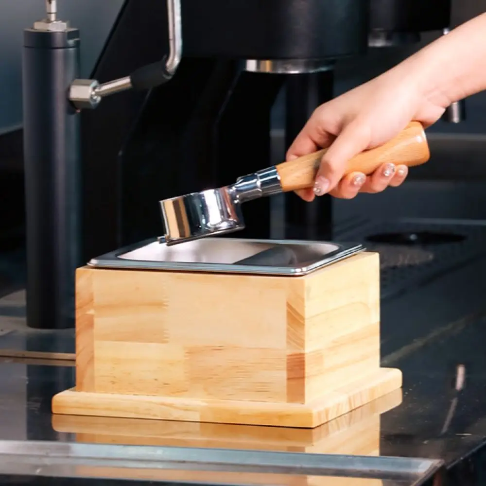 Durable Stainless Steel Coffee Knock Box Wood Base Non Slip Espresso Waste Container For Professional Barista Use