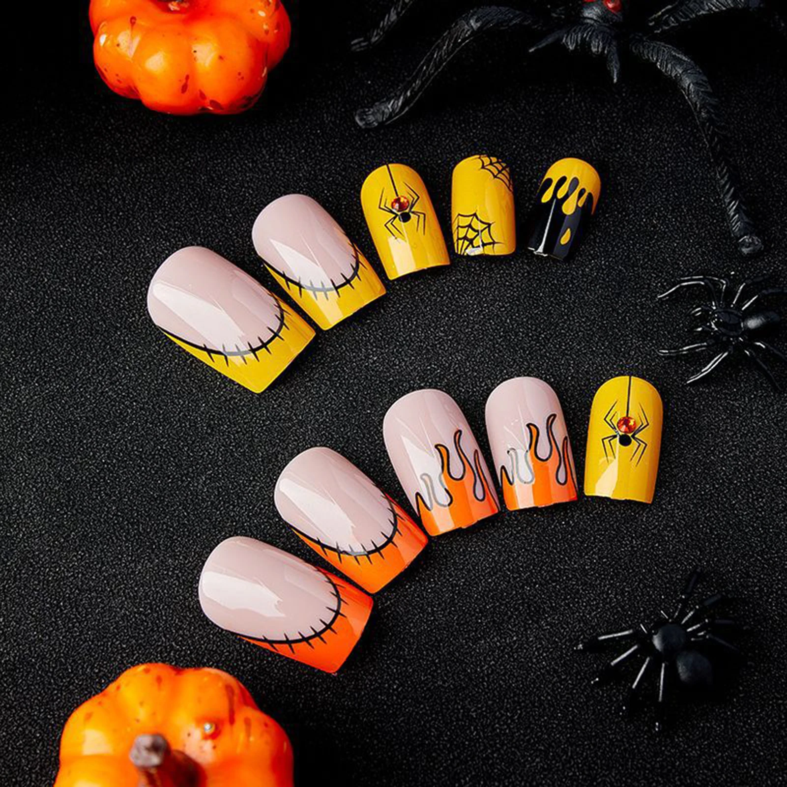 Halloween Black Yellow Press-on Nail Long Lasting Short Square Artificial Nail for Travel Music Concert Stage Performance