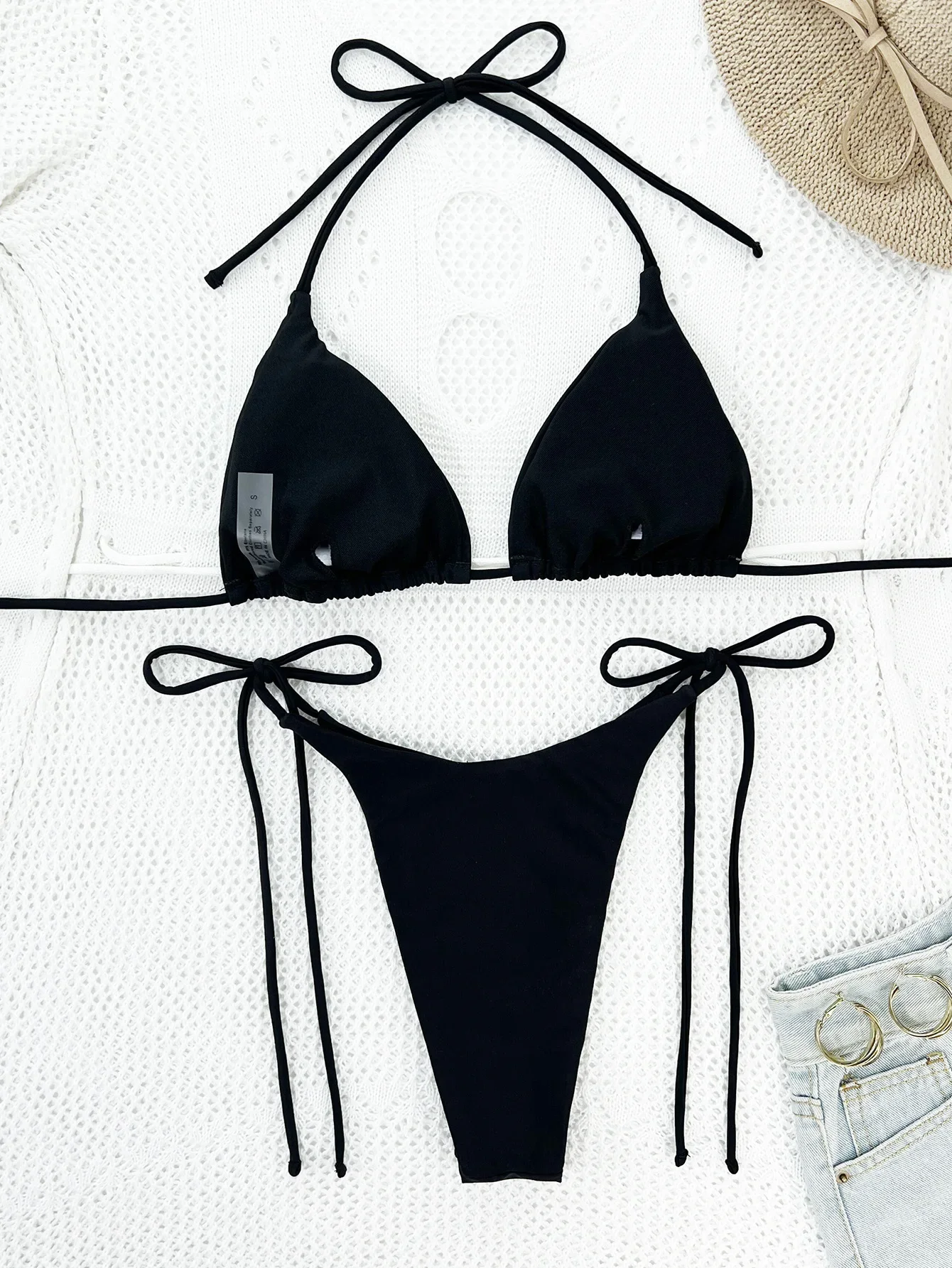 Maillot de bain 2 pièces noir uni pour femmes, nouveau Bikini brillant à diamants chauds, sexy taille basse, string à lacets, dos nu, costume de bain, 2024