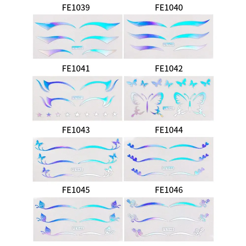 Adesivo facial a laser à prova d'água, autoadesivo, glitter prateado, tatuagem temporária, estrela, borboleta, olhos, sombra, decalque