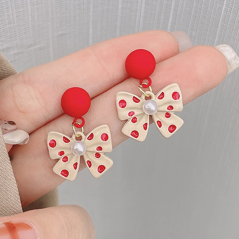 Cute Bowknot Earrings for Women Red Round Dot Drop Earrings Elegant Pearl Dangle Earrings Party Trendy Jewelry