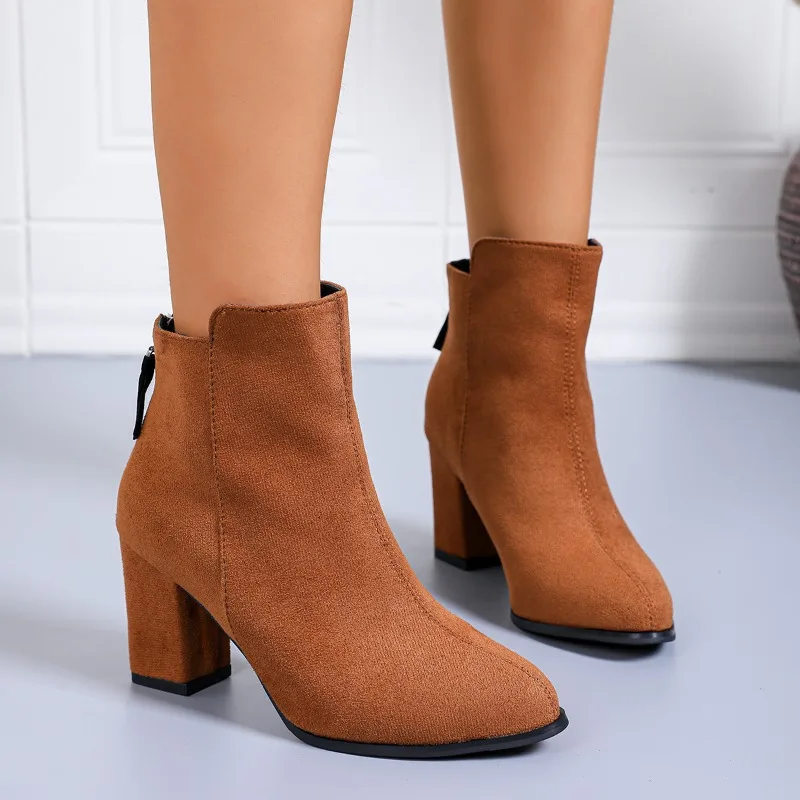 Large High-heeled Short Tube Suede Horse Boots for Women, Autumn and Winter New Style, Pointed Toe Thick Heel Side Zipper Boots