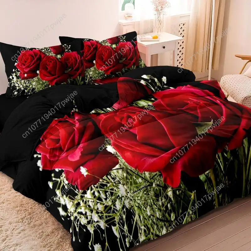 Valentine's Day Rose Print Duvet Cover Set, 3 Counts/set Including 1 Count Duvet Cover & 2 Counts Pillowcase without Filler, Sof