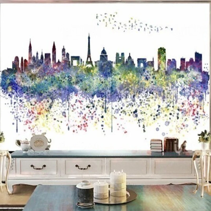 

MU9028 Custom Modern and simple watercolor hand-painted urban silhouette TV background wall