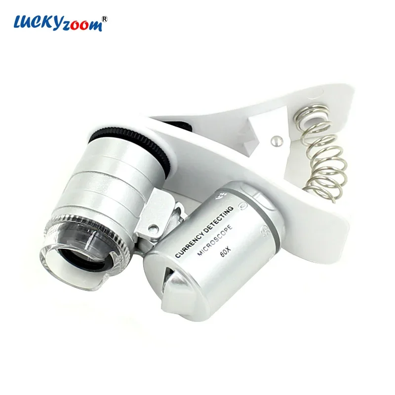 60X Clip-On Type Pocket Microscope Magnifier LED Illuminated Jewelry Loupe Portable UV Lamp Magnifying Glass Universal Cellphone