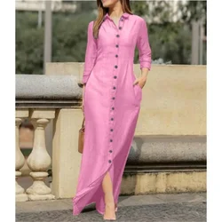 Spring Summer Women's L-5XL Plus Size Loose Casual Lapel Solid Color Cotton Long Dress Elegant Long Sleeved Button Up Oversized