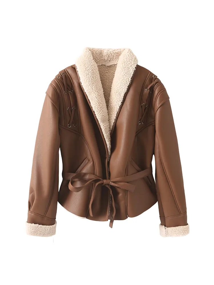 

New winter women's clothing European and American blogger retro style suede lamb wool jacket lace-up short coat