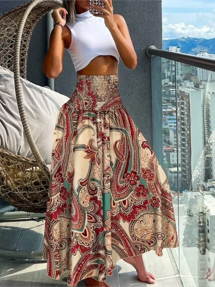 

Boho Beach Skirt Vintage Printed Long Skirt 2024 Women Spring Summer New Elastic High Waist A-line Big Hem Vacation Skirts