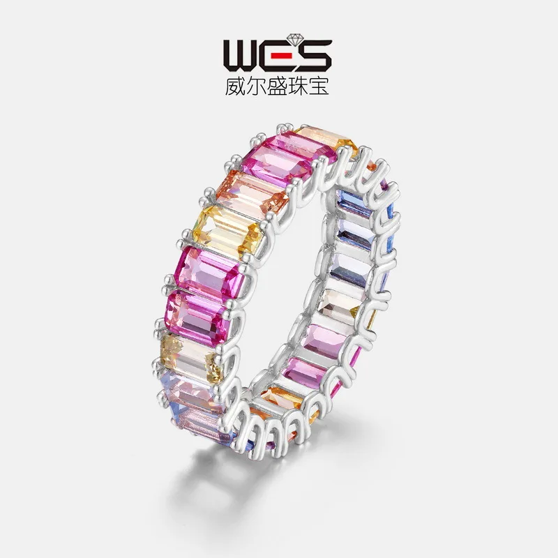 

Rainbow Moissanite Ring for Women 18K Gold Inlaid with Colored Baby Stones PT950 Platinum Single Row Ring Light Luxury Fashion