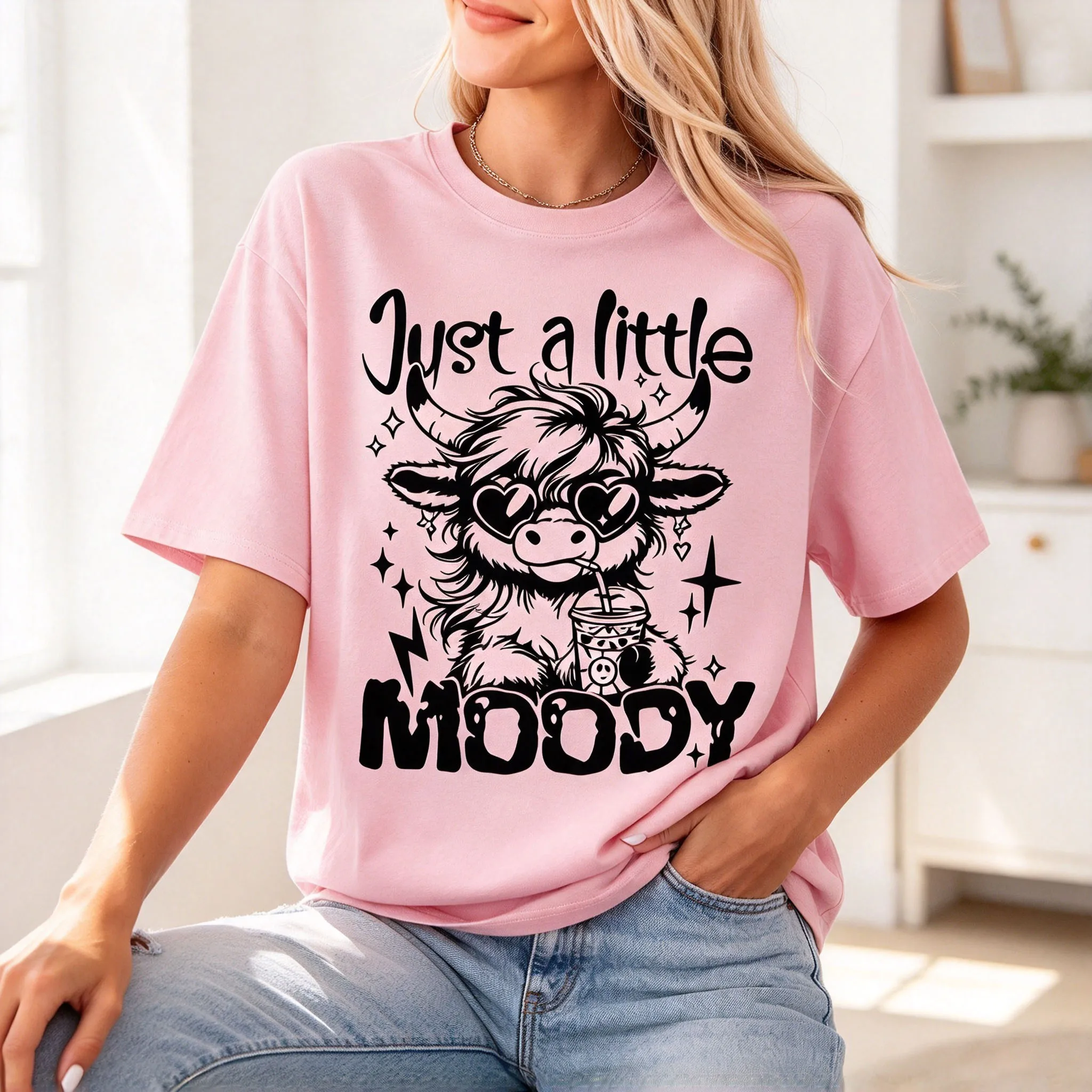 Women Just A Little Moody Highland Cow Graphic T Shirt Cute Cow With Heart Sunglasses Print Short Sleeve Crew Neck Casual Tee