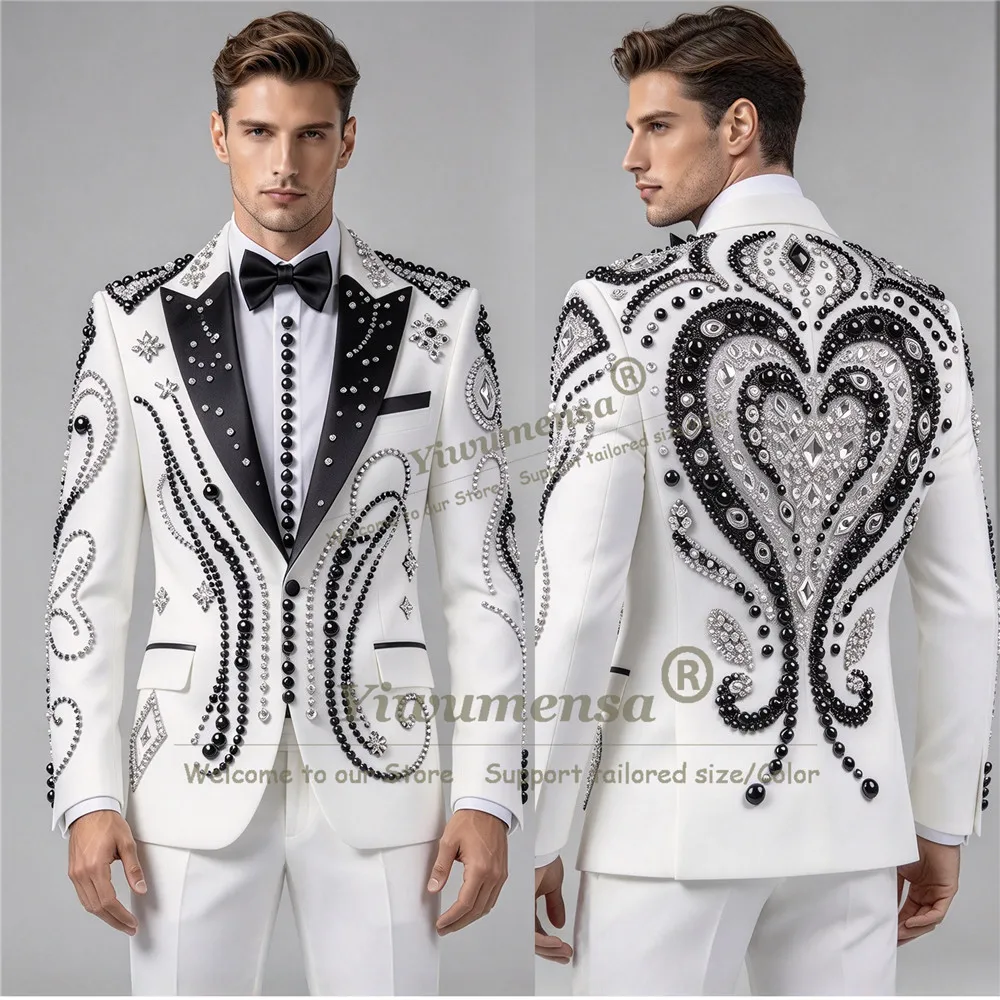 Heavy Beadwork Suits Men For Wedding Single Breasted Jacket Pants 2 Pcs Pearls Groom Dinner Party Tuxedos Customized Man Outfit