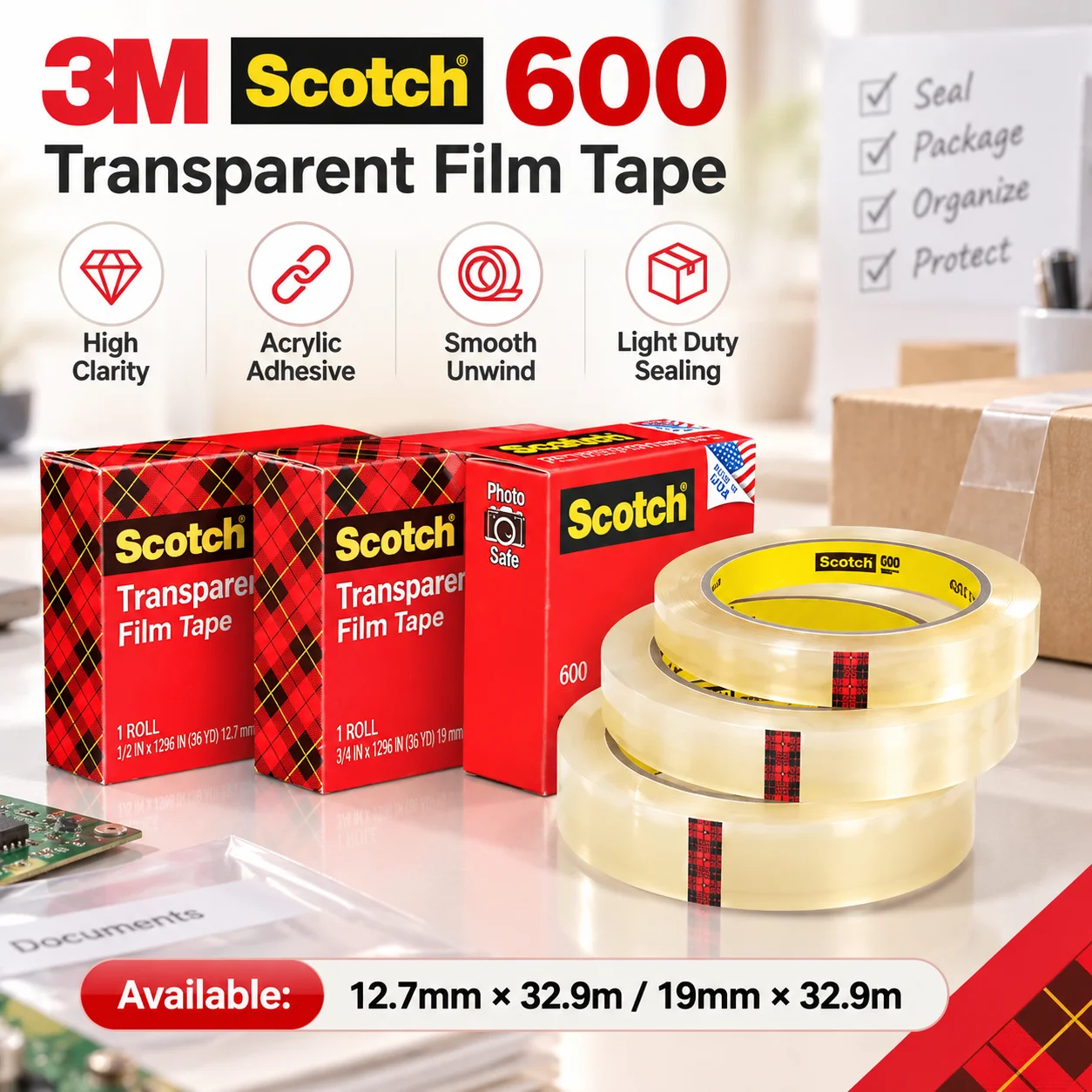 3M Scotch 600 Transparent Film Tape High Clarity Acrylic Adhesive for Packaging Documents Labels Photo Use 12.7/19mm x 32.9m