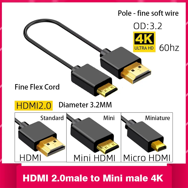 Mini HDMI & Micro HDMI 2.0 Version 4K Ultra-fine Flexible Cable Mini Hdmi 4K Thin and Soft Short Cable OD3.2 20cm 30cm 50cm 1m