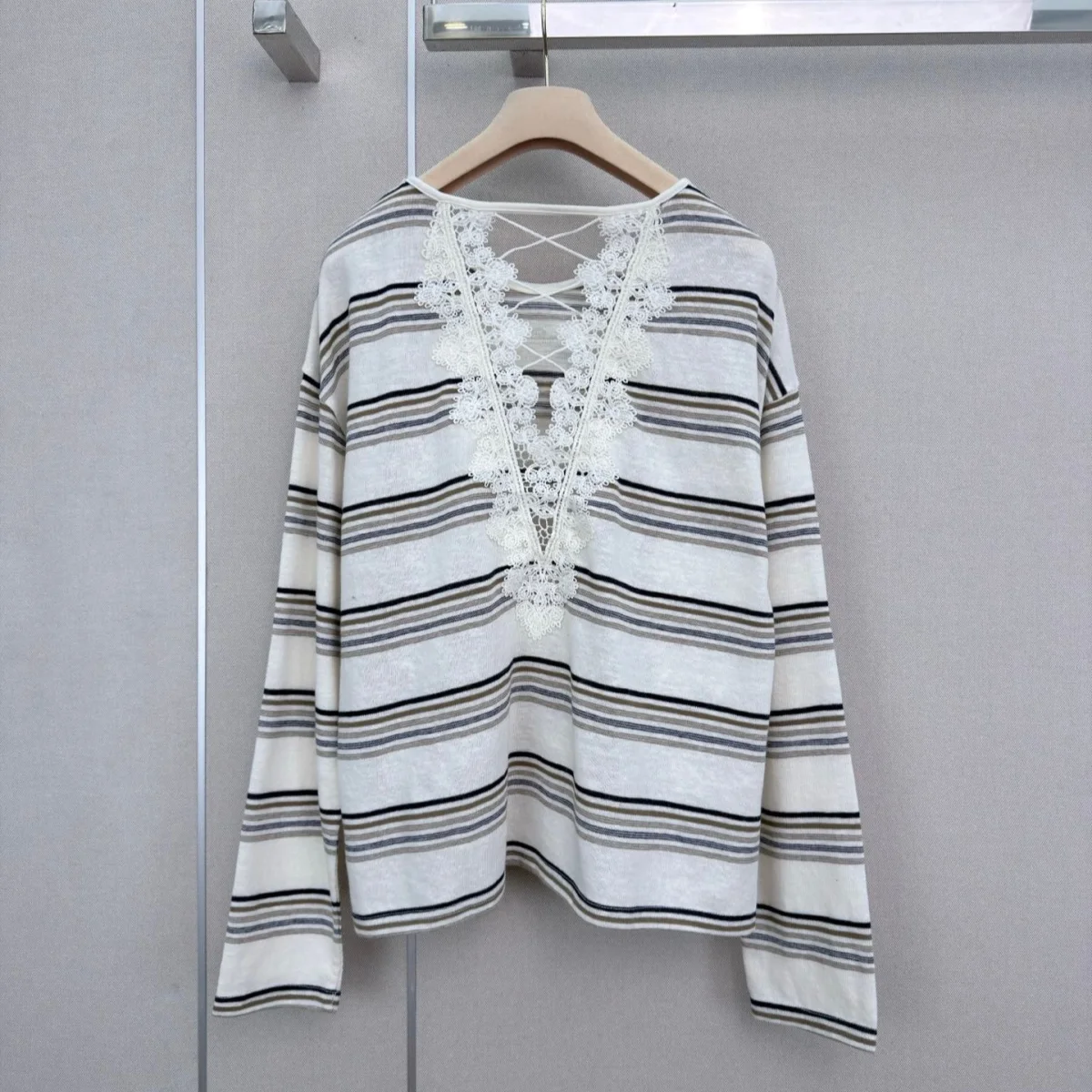 2026 High Quality Women's Back Lace Cross Tie Striped Knitted Top--26922200