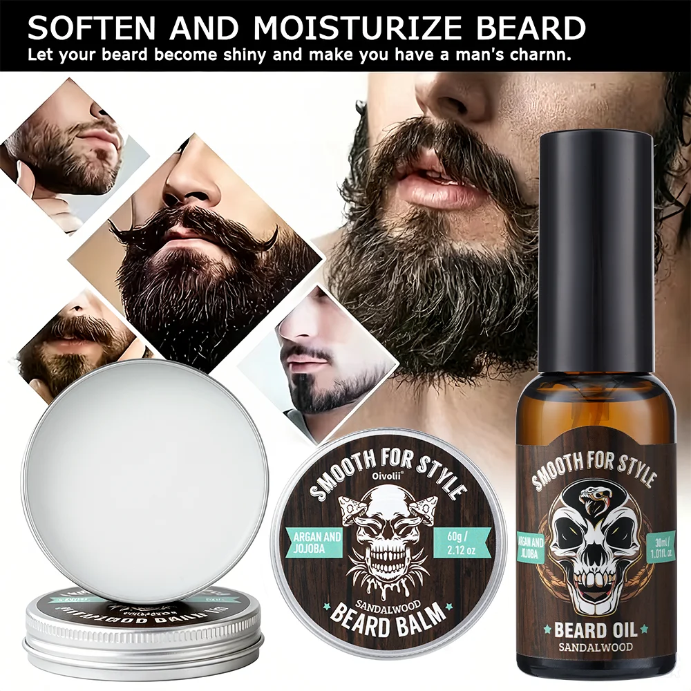 Sandalwood Beard Care Set: Oil & Balm with Argan Oil. Strengthens, hydrates, softens, adds luster. Sandalwood scent. Perfect gif