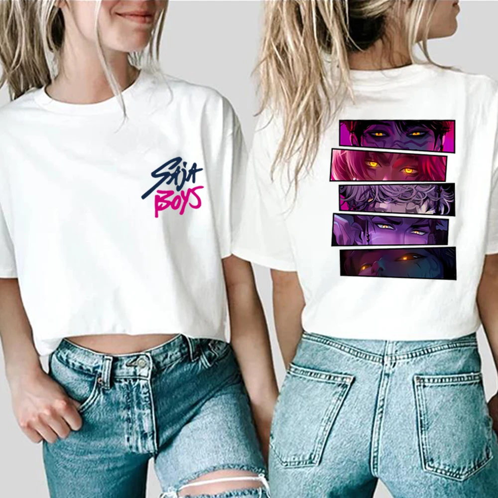 ساجا بنين 2 الجانب تي شيرت ساجا بنين بوي باند التي شيرت Kpop شيطان مستوحاة الفيلم قميص شيطان الصيادين موضة Harajuku Kawaii تي شيرت #2