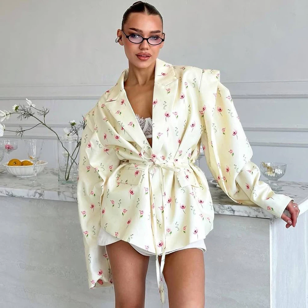 Talenza Lace Up ไหล่ Pad Blazer Coat ผู้หญิงปุ่มแขนยาวกระเป๋าเสื้อหญิง Elegant Chic หลวม Casual Outwear