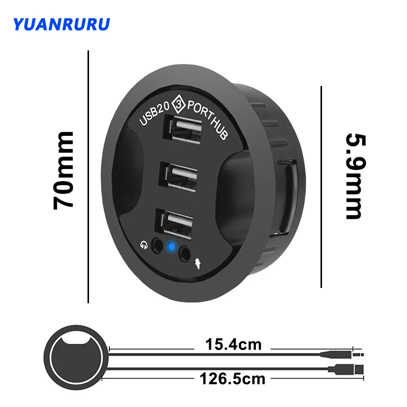 Usb hub usb 2.0 desktop grommet usb 2.0 hub pc acessórios de mesa de áudio adaptador montagem 3 portas montagem na mesa multi usb 2.0 portas