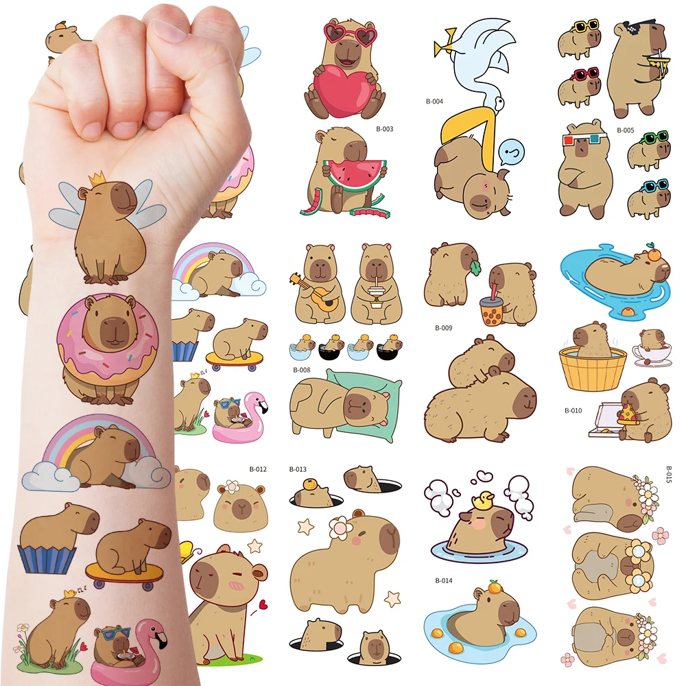 15 Sheets Cute Capybara Temporary Tattoo Stickers - Whimsical Animal Love Heart &Donut & Rainbow Guitar Capybara Designs Vibrant
