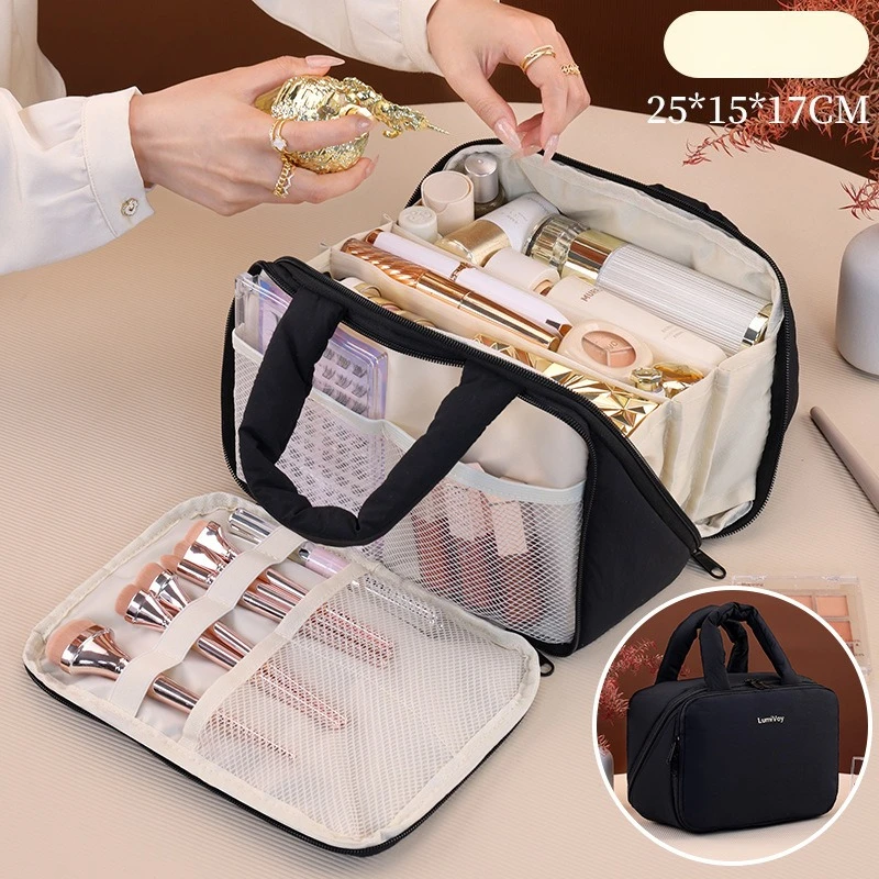Portable Hand Carry Makeup Bag Cosmetic Bag Mesh Divided Pockets Travel Cosmetic Brush Lipstick Skincare Storage Organizer