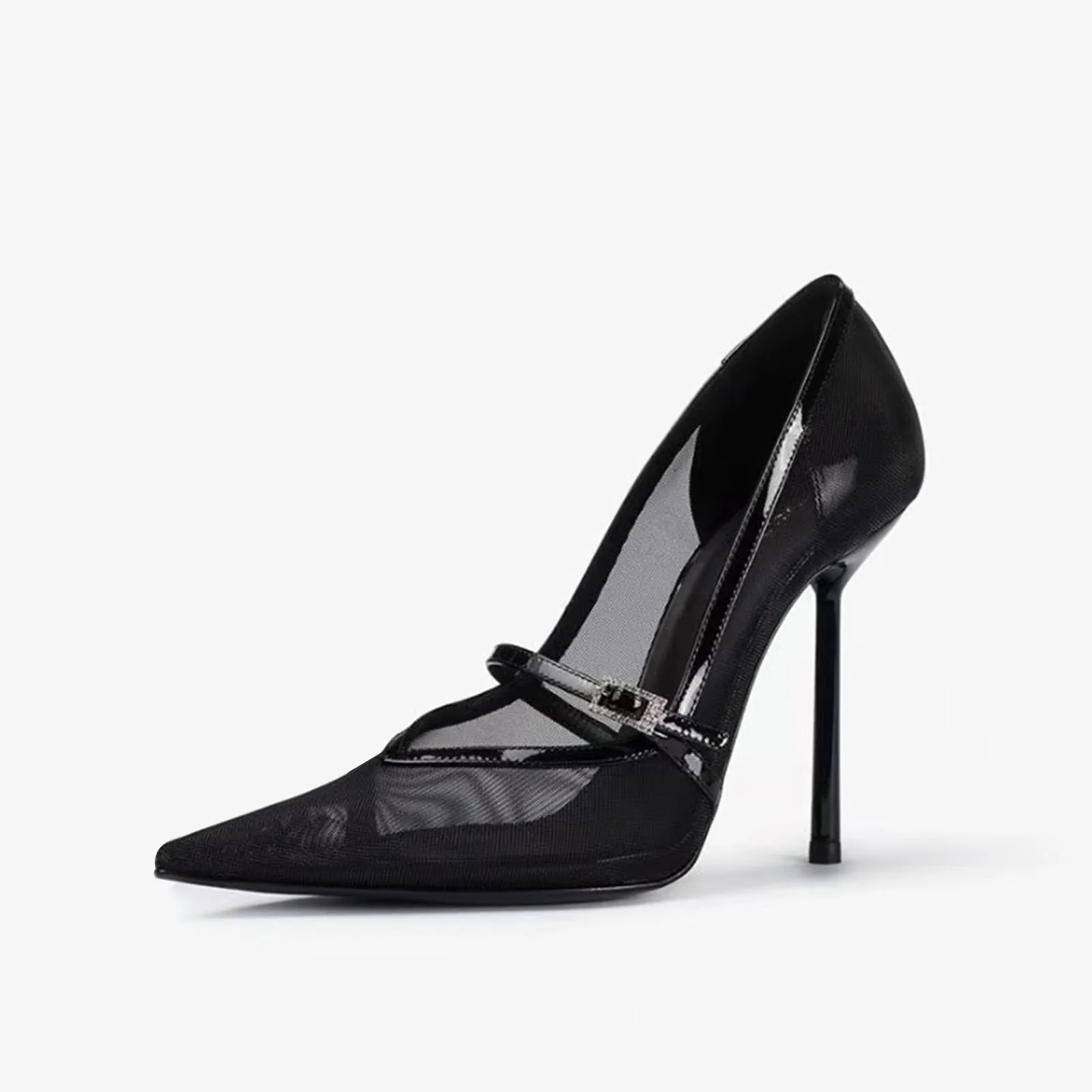 Arden Furtado Sepatu Hak Tinggi Berongga Makan Malam Gesper Sabuk Kristal Jaring Musim Panas Ujung Lancip Pompa Hitam Hak Super Tinggi Dangkal