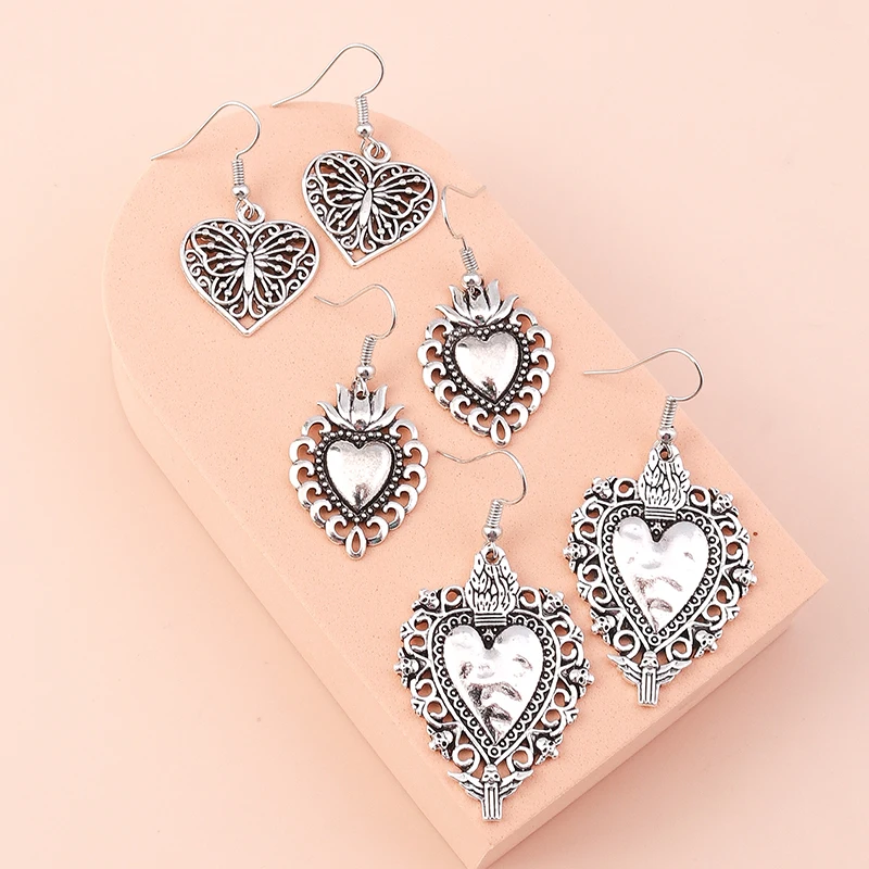 3 Paar/Set ethnische Metall-Ohrringe mit Liebesherz-Anhänger für Frauen und Mädchen, Party, Festival, Schmuck, Geschenke – Detail 6