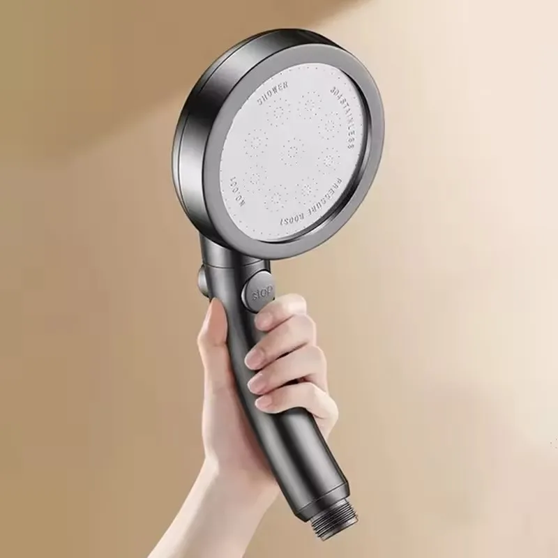 Pressure Boost Shower Head 360° Rotation High Pressure Large Flow Spray Nozzle One-Key Stop Handheld Shower Bathroom Accessories