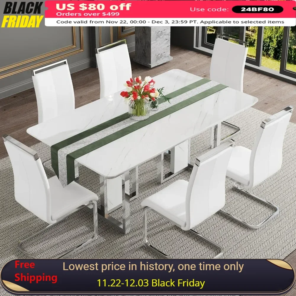 

67'' Dining Table Set for 6, with 1.8-inch Thick Faux Marble Table Top＆6 Pu Leather Upholstered Chairs,Kitchen Table Set