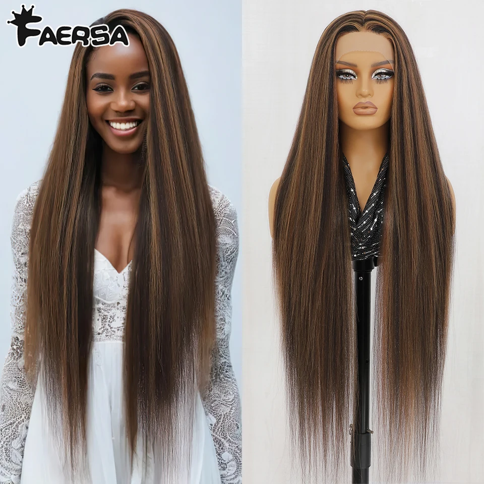 T파트 레이스 가발 합성 30인치 스트레이트 레이스 프론트 가발 내열성 섬유 글루리스 프리 플러킹 자연스러운 헤어라인 레이스 가발