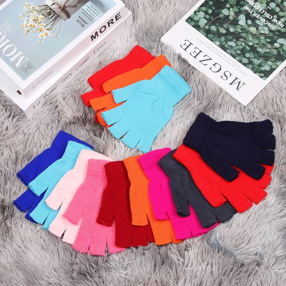 Simple Candy Color Knitted Gloves Women Men Half Finger Mittens Short Thick Warm Soft Gloves Keep Finger Warm