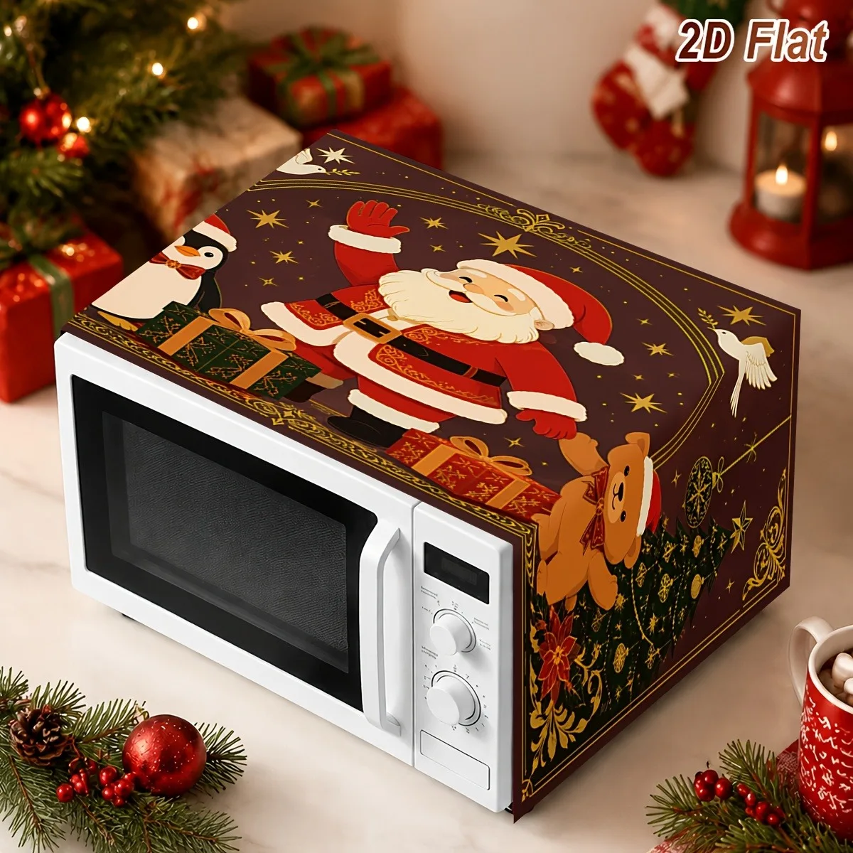Christmas Microwave Oven Cover Polyester Santa Penguin Pattern Dust Proof Kitchen Decor Protector For Microwave Top Decoration