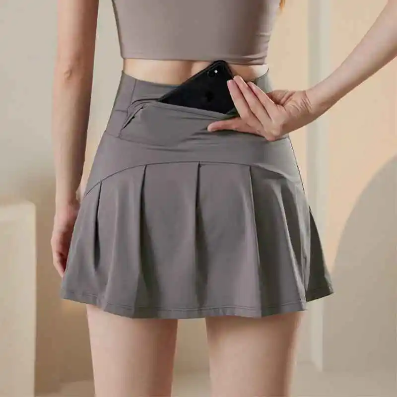

Sports and Fitness High Waist Pleated Skirt Lined Shortsdaily Versatile A-line Anti Glare Yoga Skirt
