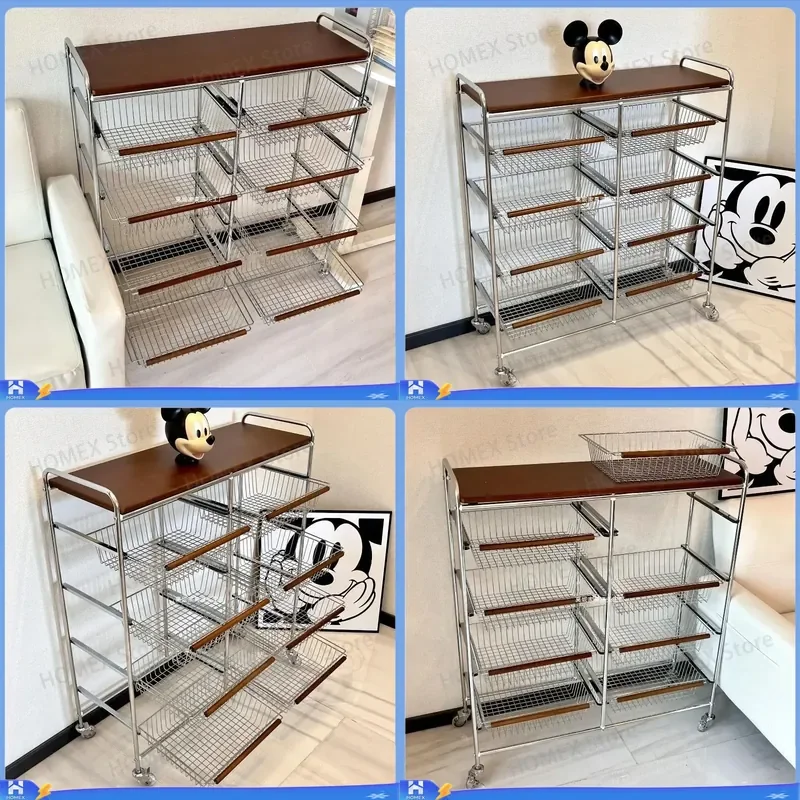 Beech Wood Rolling Storage Cart Multi Layer Movable Shelf Rack Home Kitchen Organizer Basket Floor Standing Utility Trolley