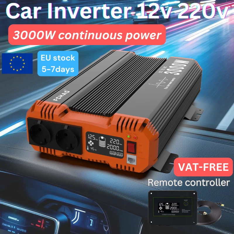 

3000W Pure Sine Wave Inverter 12V DC to 220V AC Converter - 6000W Peak Power with 2 AC Outlets, Remote Control & LCD Display