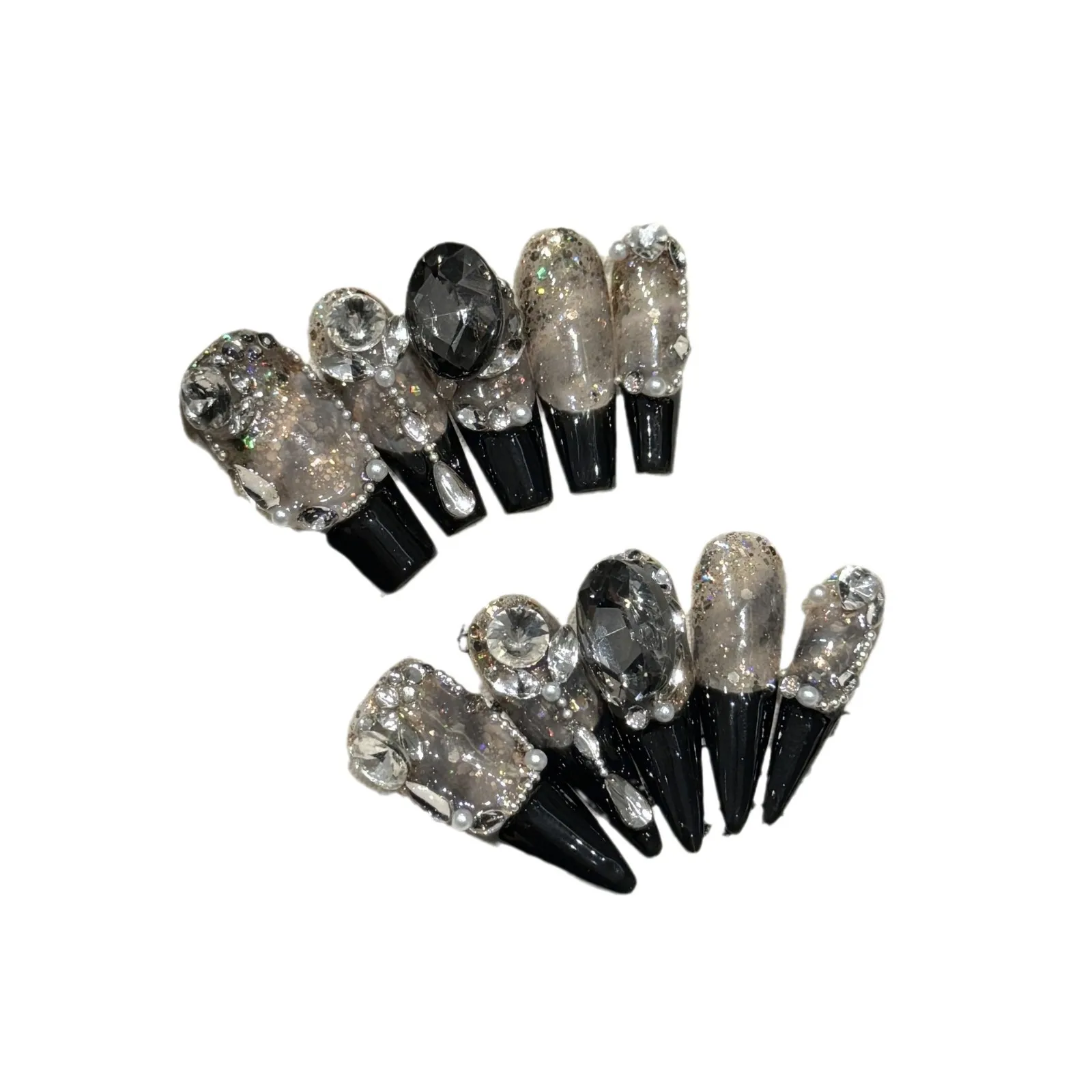 10 pièces noir Style français presse sur ongles à la main plein Flash strass décor faux ongles lumière luxe faux ongles pour les filles chaudes