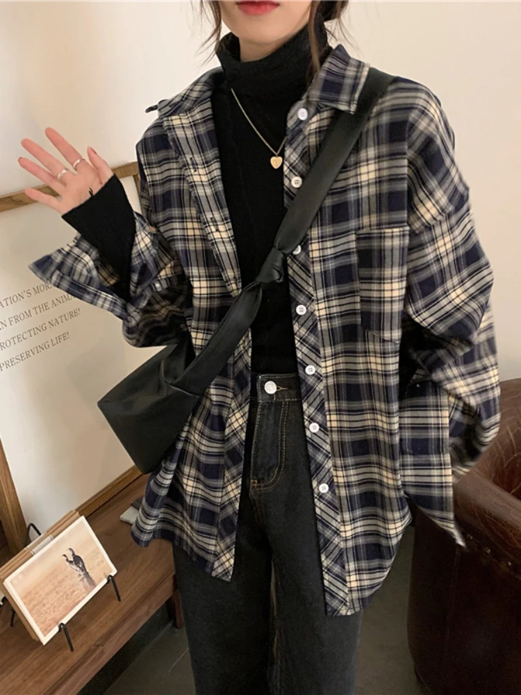 

ADAgirl Harajuku Vintage Women's Oversize Plaid Shirt Checked Long Sleeve Blouse Female Button Up Cardigan Loose Casual Clothes