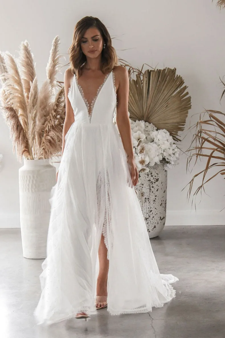 Weißes Netz-Spitzenkleid mit V-Ausschnitt und Rückenfreiem Design, Elegantes und Sexy Kleid für Geburtstagsfeiern, Hochzeiten und Abendessen. – Detail 5