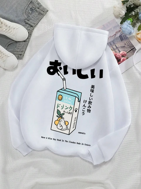 Kawaii Japanese Harajuku Cat Print Hoodie Men Women Fashion Loose Hoody O-Neck Casual New Sweatshirt Pocket Fleece Couple Hoody