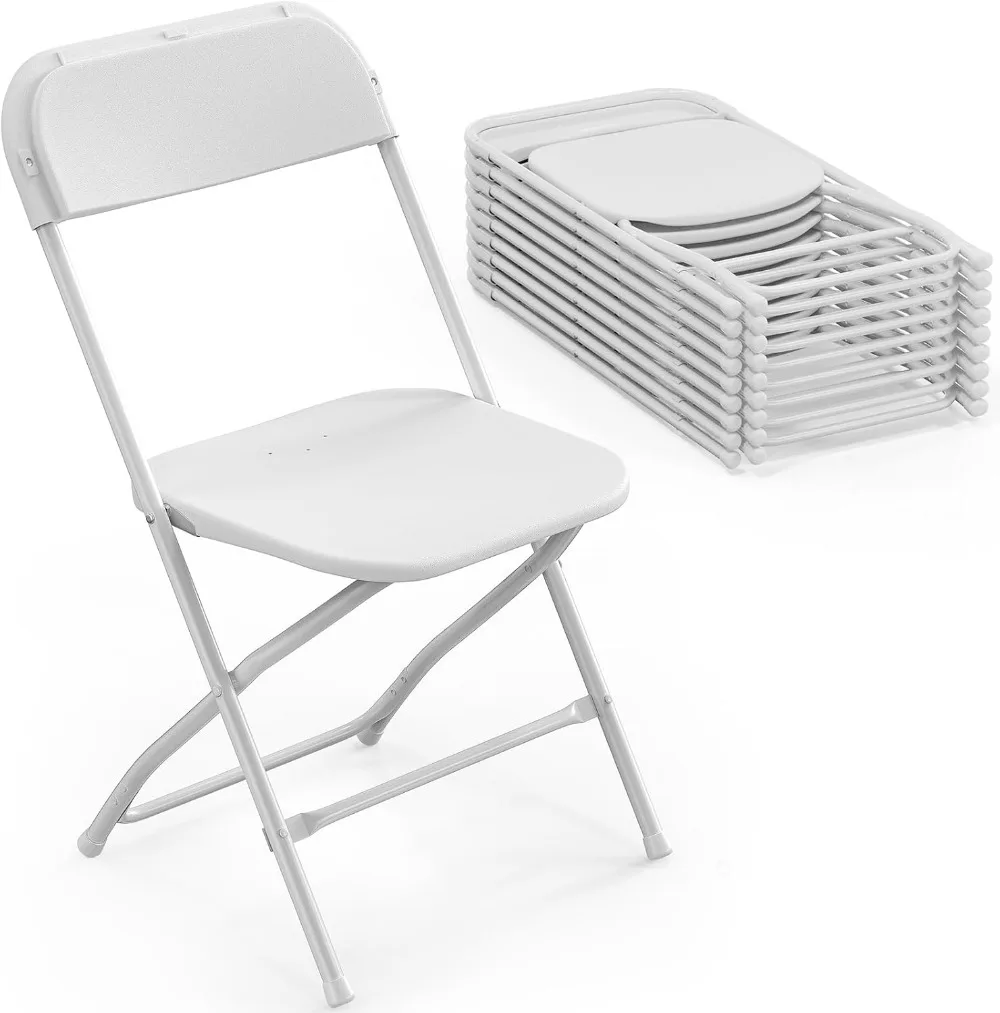 Folding Chairs Set of 10, White Plastic Chair Sturdy Seat with Metal Frame, Perfect for Party, Event, Wedding,