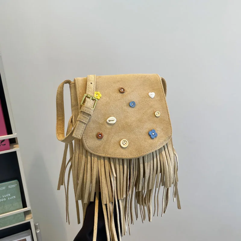 

New Suede Small Square Bag for Women, Retro Fringed Messenger Bag, Button Design Mobile Phone Bag, Niche Trendy Model