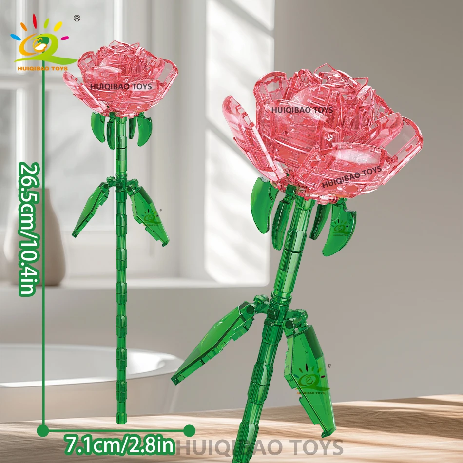 HUIQIBAO-ramo de flores rosas para el Día de San Valentín, juego de bloques de construcción, flores artificiales para decoración del hogar, Kits de ladrillos de rosas de cristal, Juguetes