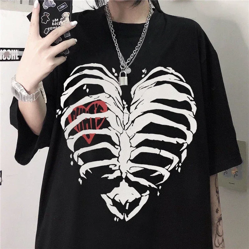 Women's T-shirt Harajuku Y2K Top Harajuku Retro Korean Style Black Demon Punk Gothic Anime Print Slim Fit Thin T-Shirt Clothes