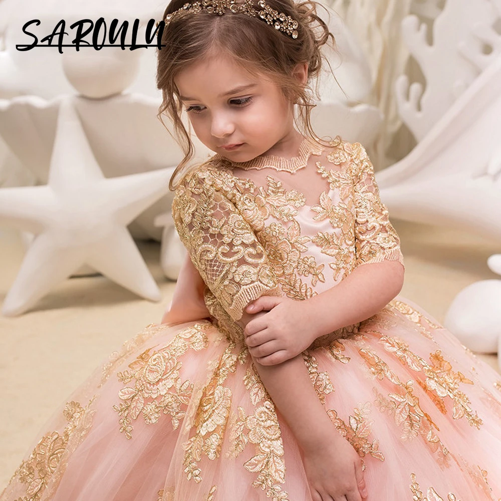 Luxury Gold Lace Appliques Wedding Flower Girls Dress Half Sleeves Designer Ball Gown Prom Dress For Children Birthday Gown