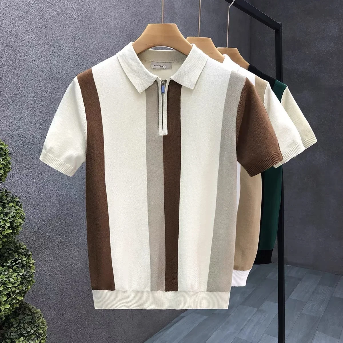 Men Plus Size Striped Color-coded Short Sleeve Turn-down Collar Knitted Casual Trendy Simple Basic Polo Shirts Male T-shirts