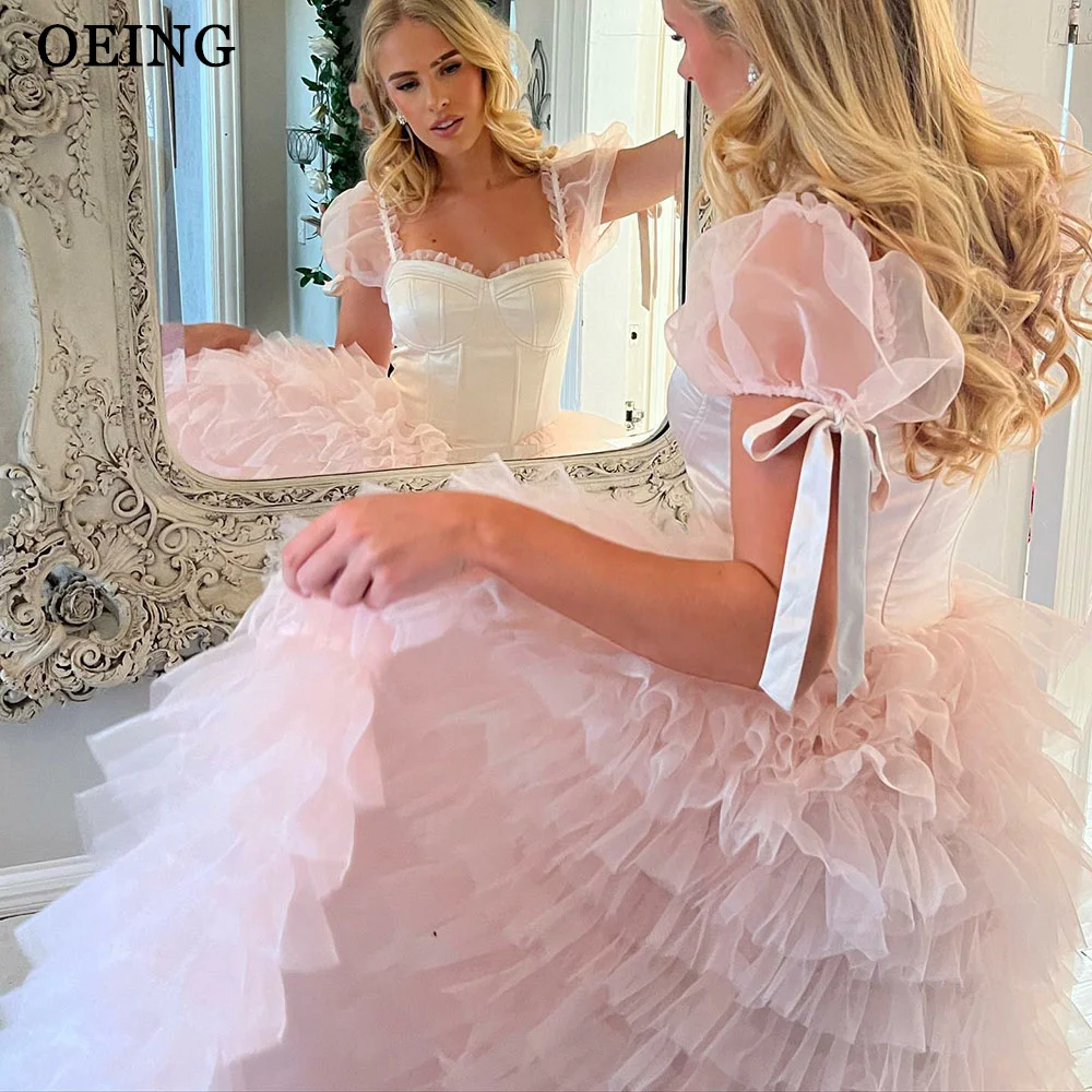 

OEING Baby Pink Princess Evening Dresses Fairy Ruched Ruffles Tulle Tiered Prom Dresses Puff Sleeves Formal Wedding Party Dress