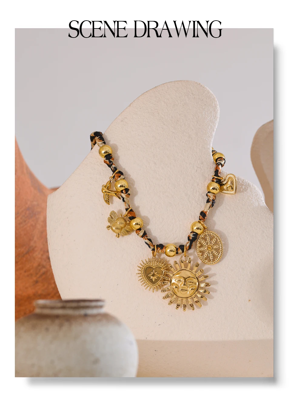 Yhpup Beliebte Edelstahl-Halskette mit Leopardenmuster, Polyester, Sonnenblume, Herz, Insekt, Tropfenkragen, 18 Karat PVD-beschichtet, Modeschmuck, Geschenk – Detail 11