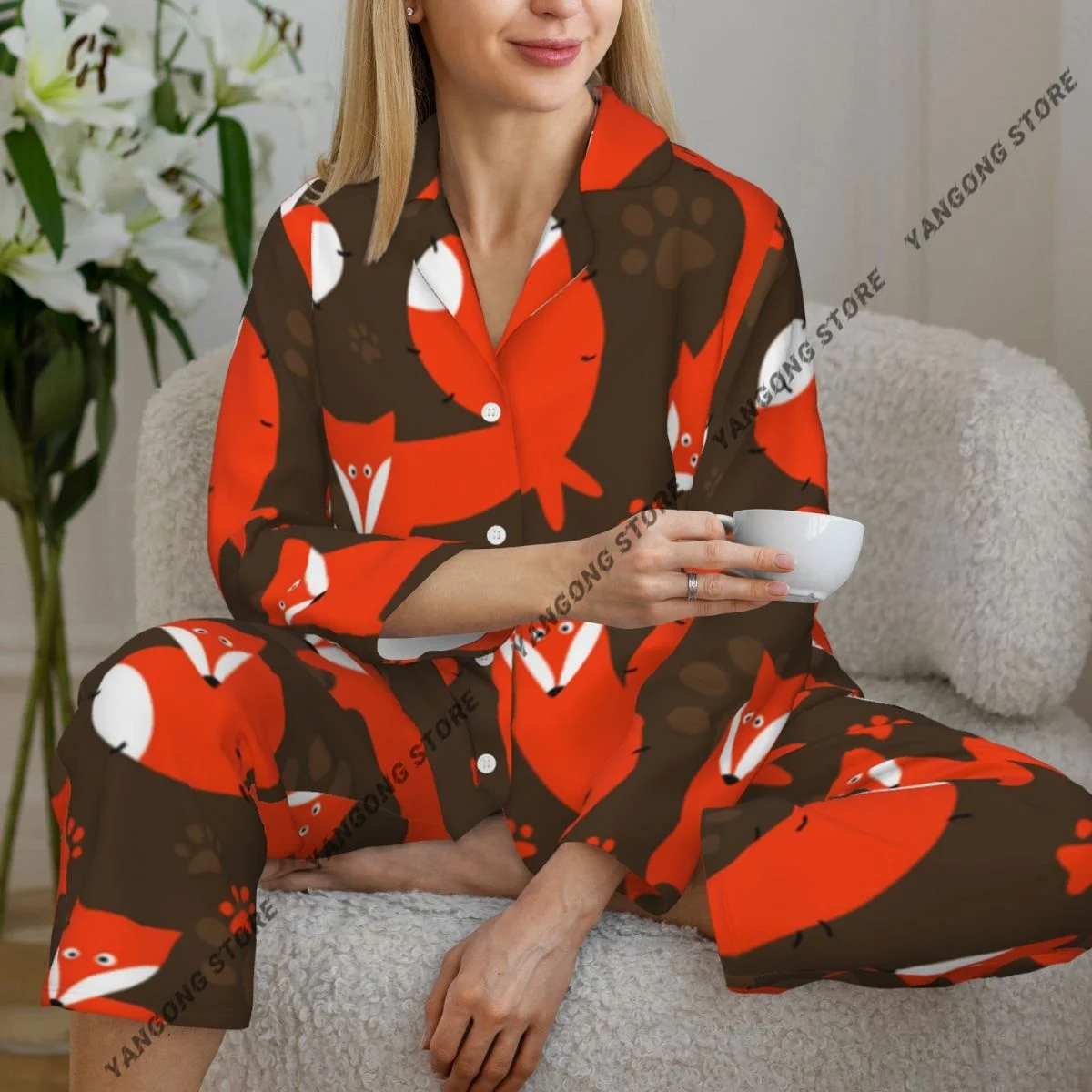Spring and Autumn Pajama Set Women's Long Sleeve Pants Two Piece Red Foxes Home Furnishing Set